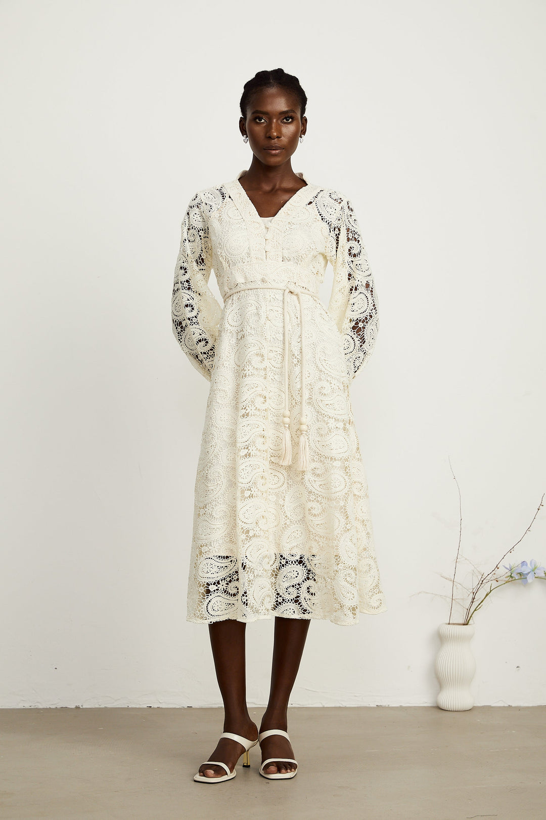 Georgette dantel midi elbise