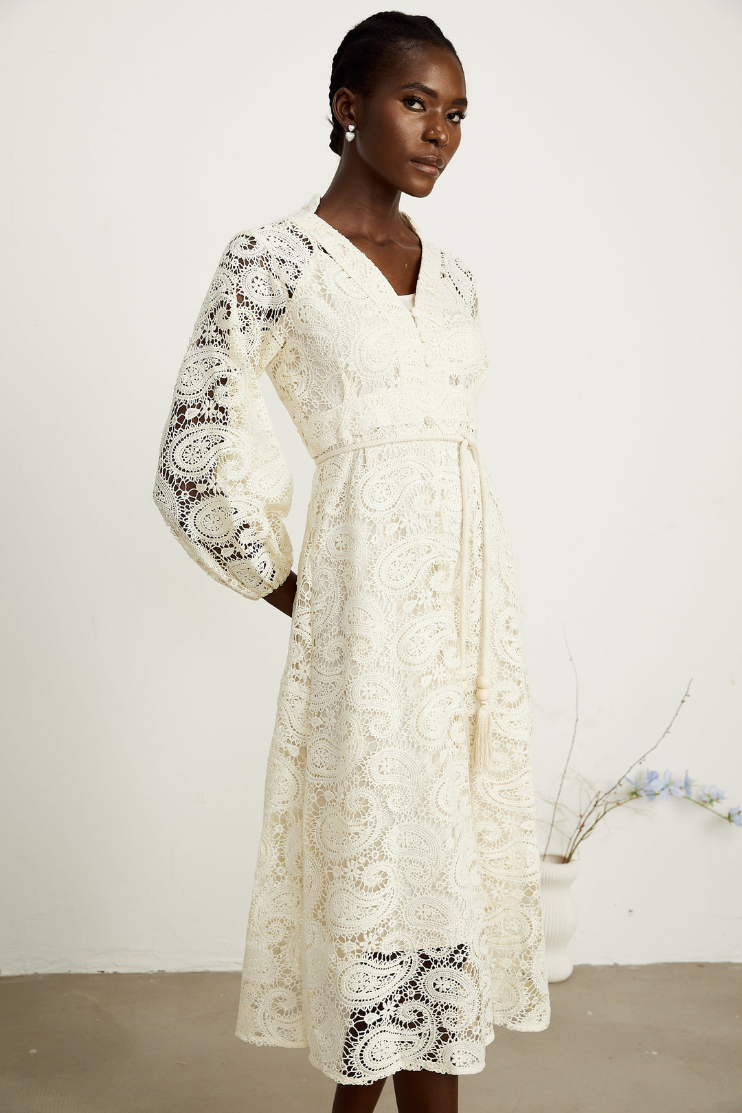 Georgette dantel midi elbise