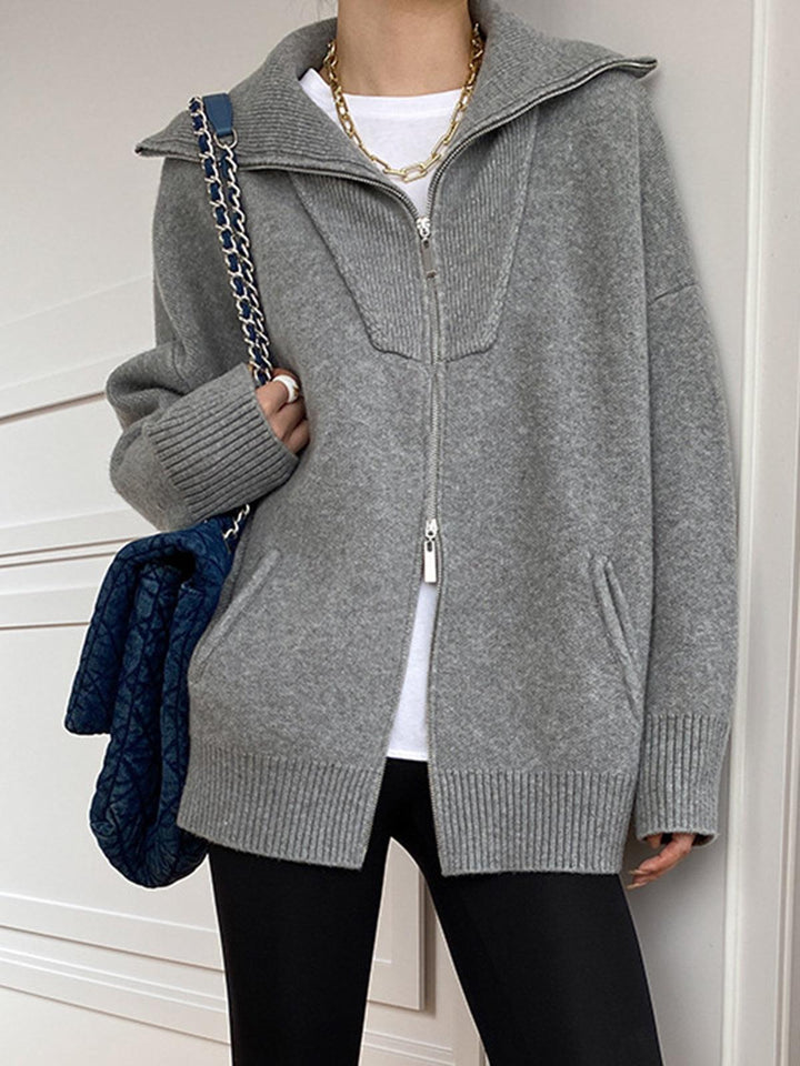 V Yaka Oversize Fermuarlı Triko Ceket
