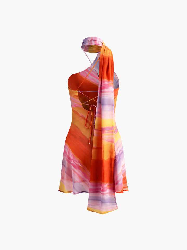 Yarı Şeffaf Askılı Sırtı Açık Tie Dye Kısa Elbise