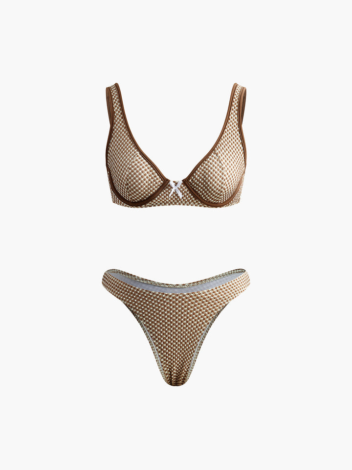 Kontrast Bağlamalı Ekose Bikini Takımı