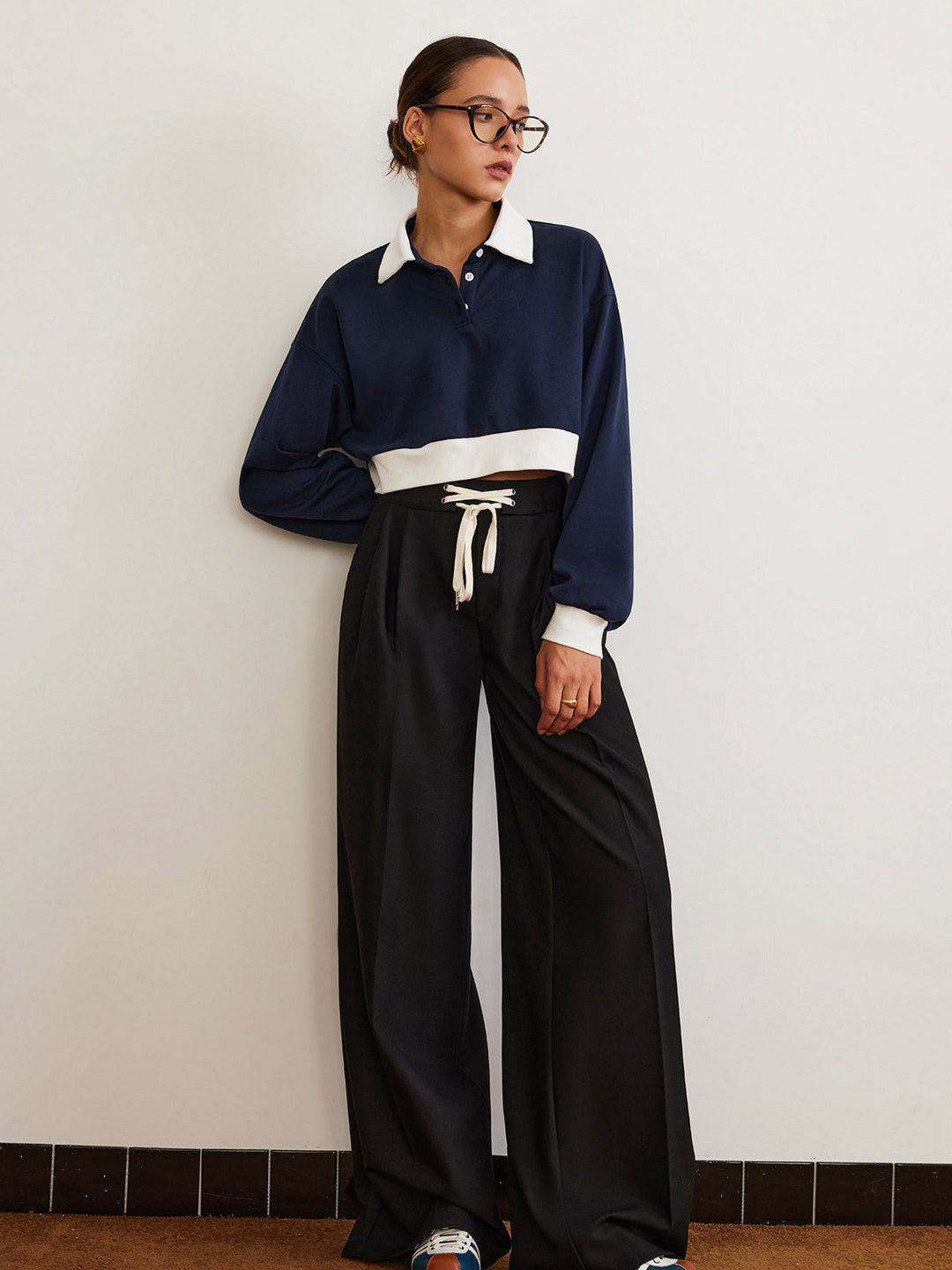 Yamalı Polo Crop Sweatshirt