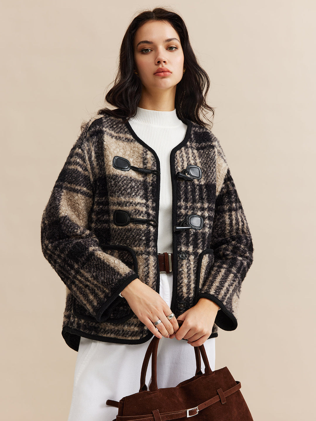 Kontrast Kesim Kareli Tweed Palto