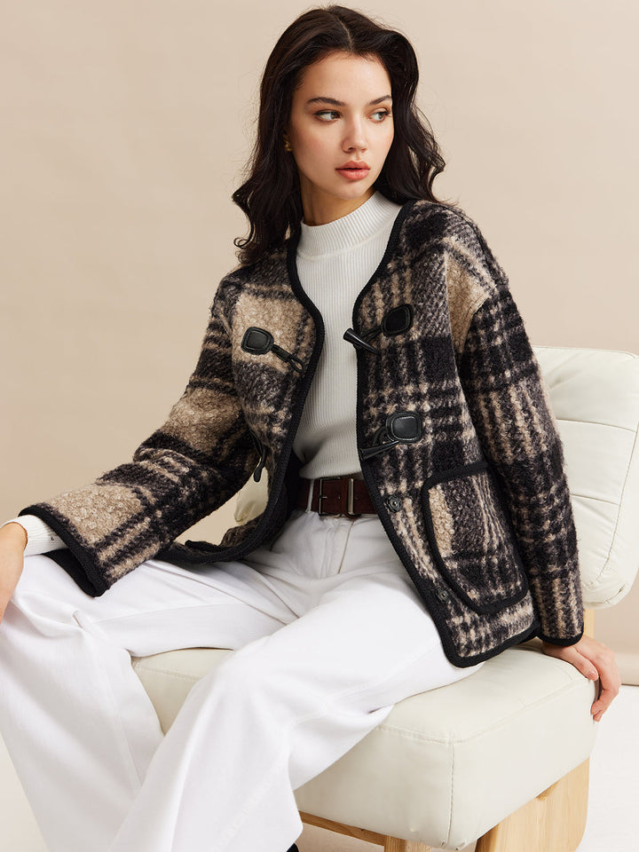 Kontrast Kesim Kareli Tweed Palto