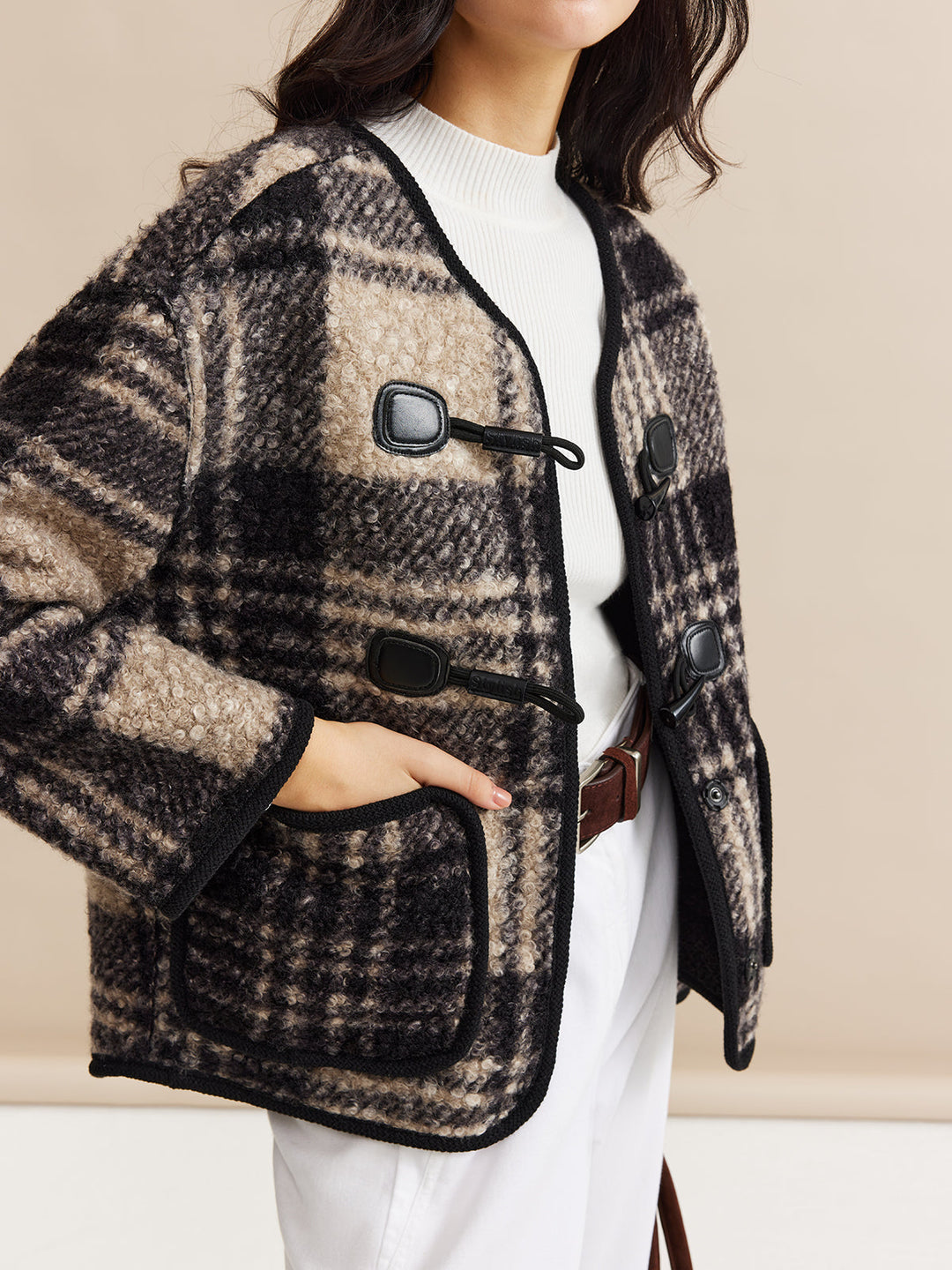 Kontrast Kesim Kareli Tweed Palto