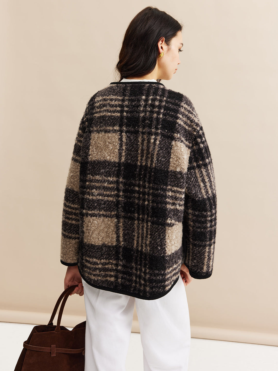 Kontrast Kesim Kareli Tweed Palto