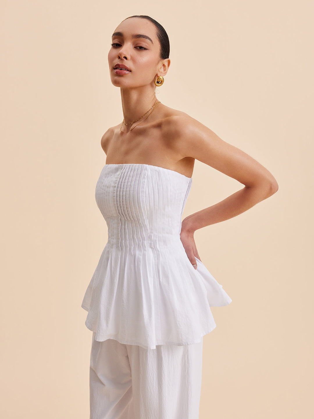 Pamuklu Pliseli Straplez Peplum Üst