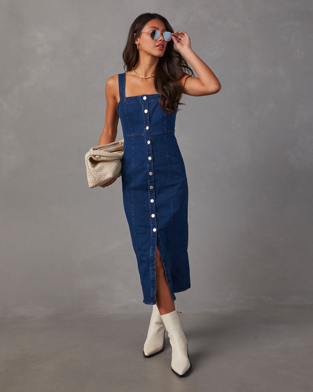 Camden Denim Önü Düğmeli Midi Elbise