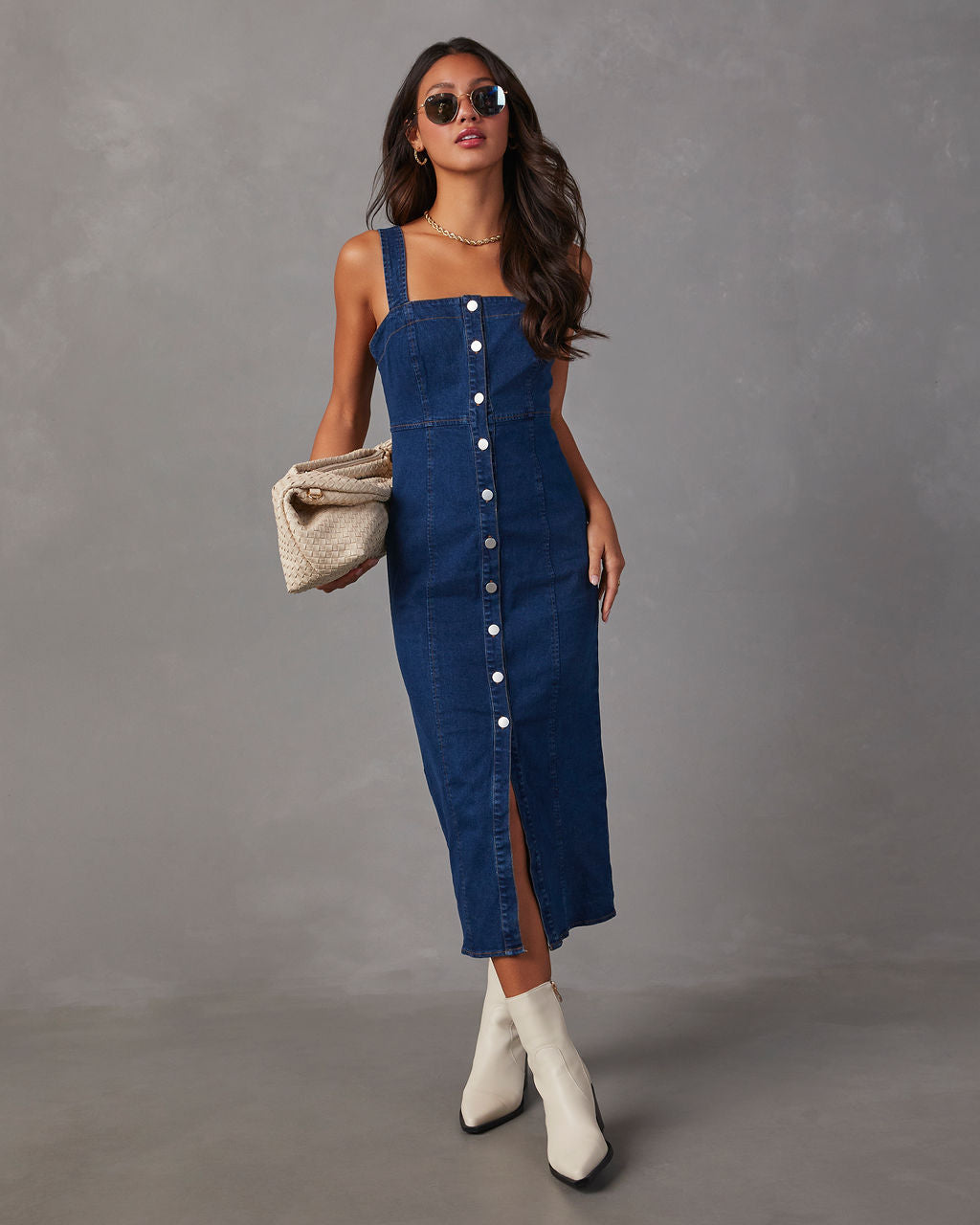 Camden Denim Önü Düğmeli Midi Elbise