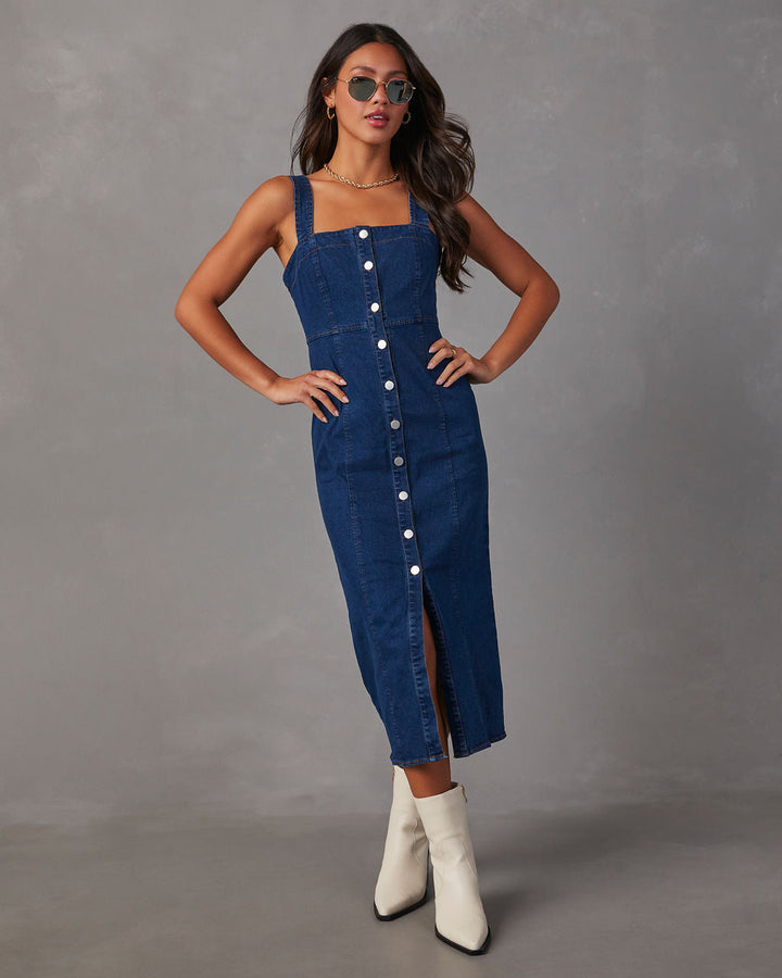 Camden Denim Önü Düğmeli Midi Elbise