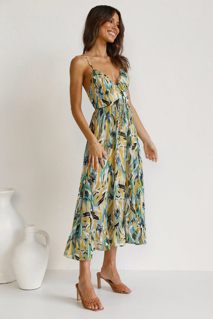 Adela Baskılı Fırfırlı Midi Sundress