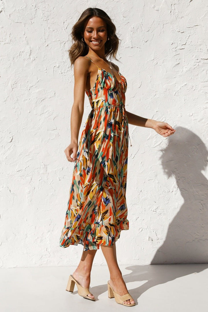 Adela Baskılı Fırfırlı Midi Sundress