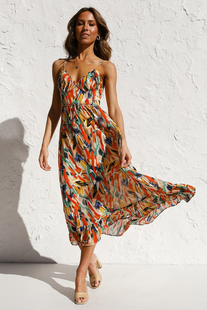 Adela Baskılı Fırfırlı Midi Sundress