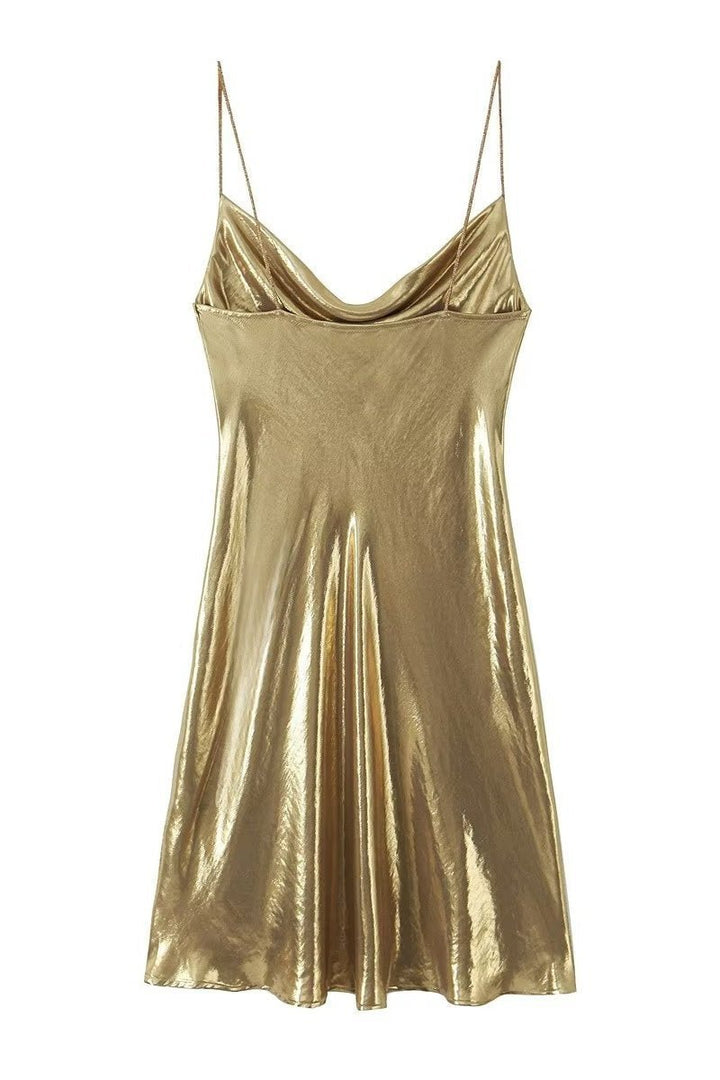 Dreda Metalik Dekolteli Mini Slip Elbise
