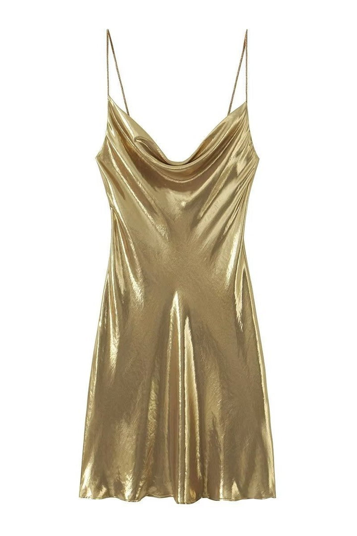 Dreda Metalik Dekolteli Mini Slip Elbise
