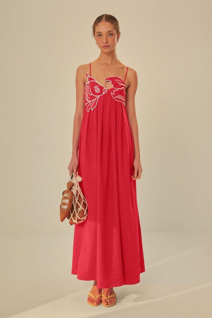 Eileen Japon Balığı İşlemeli Maxi Slip Elbise