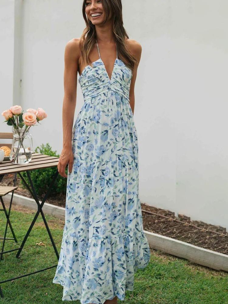 Sue Çiçek Baskılı Boyundan Bağlı Maxi Sundress