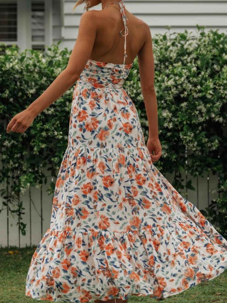 Sue Çiçek Baskılı Boyundan Bağlı Maxi Sundress