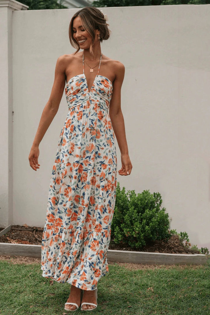 Sue Çiçek Baskılı Boyundan Bağlı Maxi Sundress